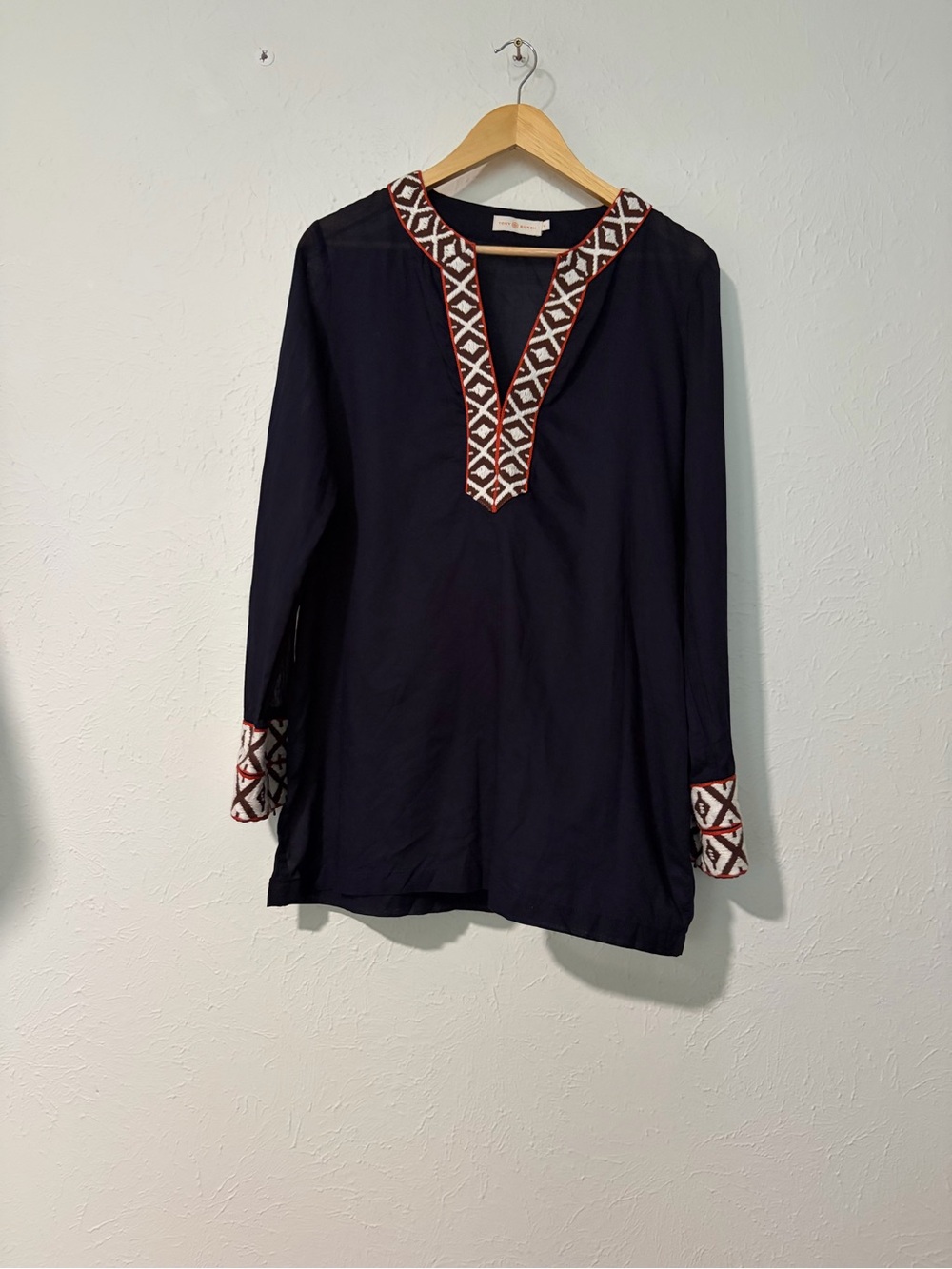 Tory Burch Tunic Long Sleeve Top Size 12 Navy W/Ivory Orange - Picture 2 of 9